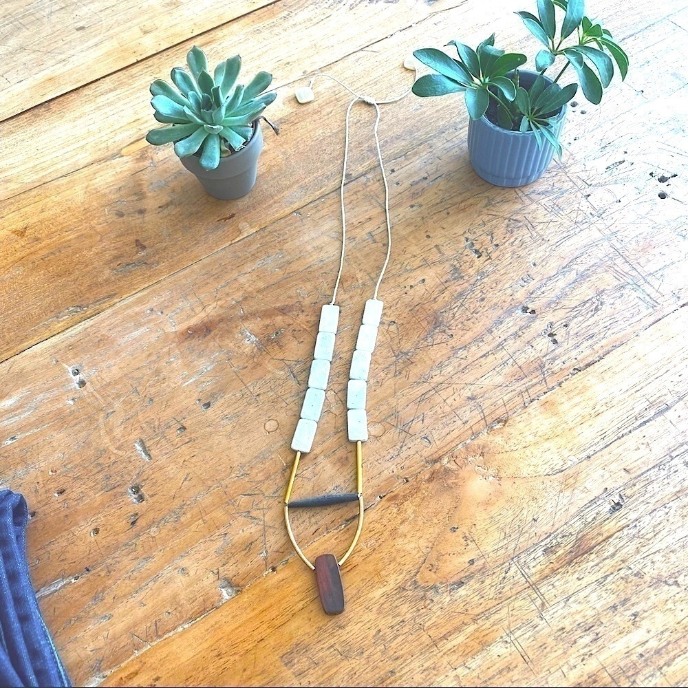 Anthropologie Long Boho Necklace with White Stone & Natural Wood Accents
